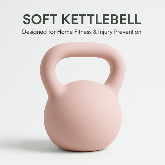 Pink soft kettlebell on a light gray background with text about home fitness and injury prevention.