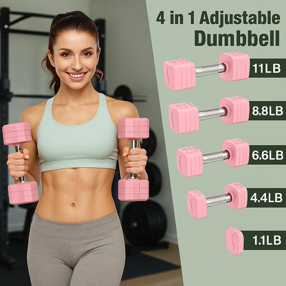 Woman holding pink adjustable dumbbells with weight options displayed on a green background.