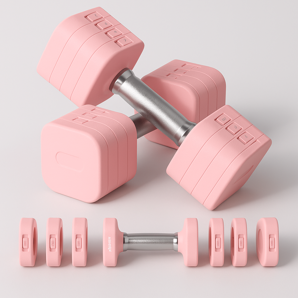 Pair of pink adjustable dumbbells with a light gray background
