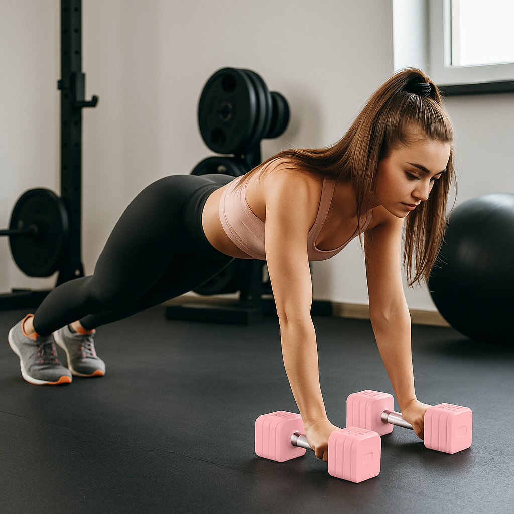 Woman performing push-ups with pink adjustable dumbbells in a gym setting