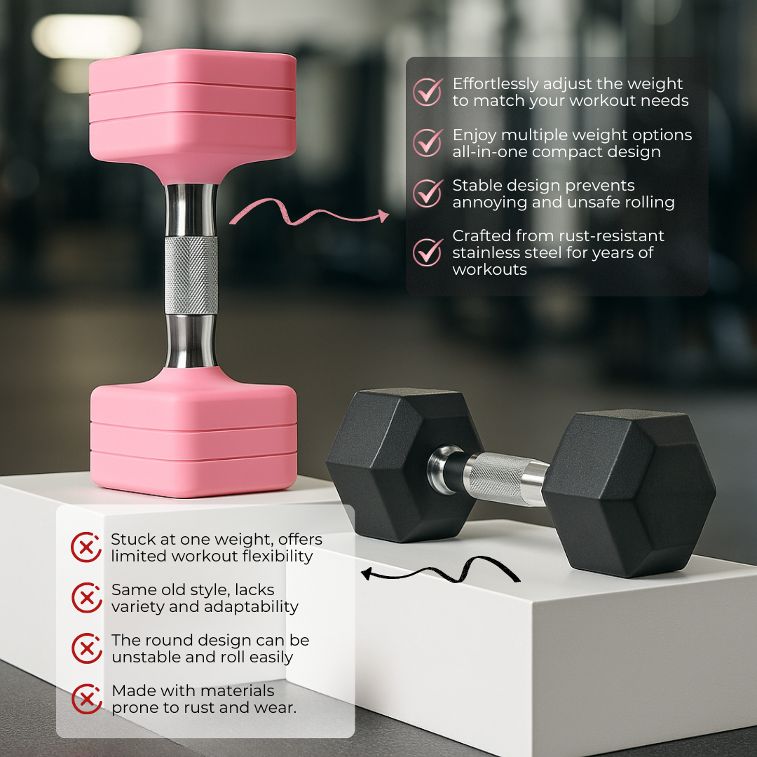 Pink adjustable dumbbell compared to a regular black dumbbell on a white platform with feature text overlay.