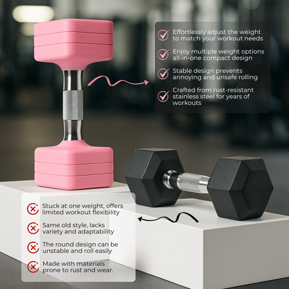 Pink adjustable dumbbell compared to a regular black dumbbell on a white platform with feature text overlay.