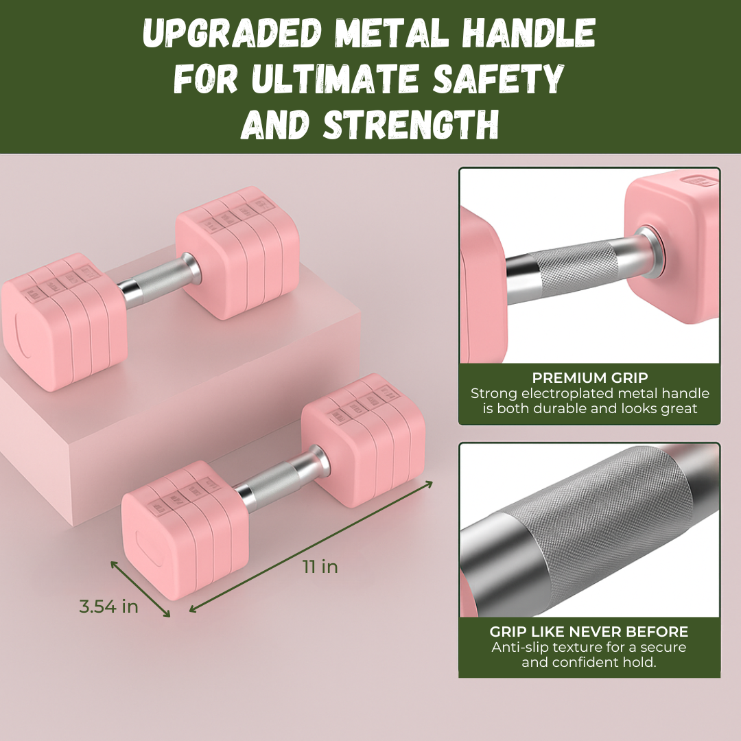 Pink dumbbells with upgraded metal handles on a beige background, highlighting safety and strength features.