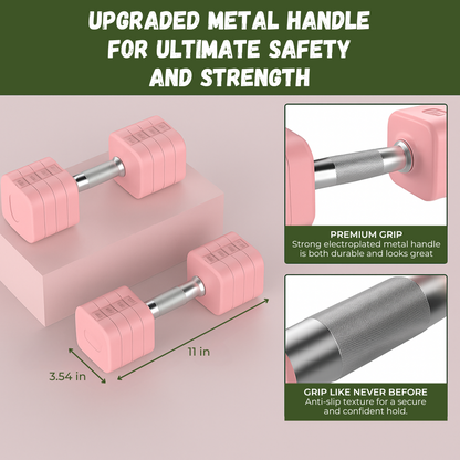 Pink dumbbells with upgraded metal handles on a beige background, highlighting safety and strength features.