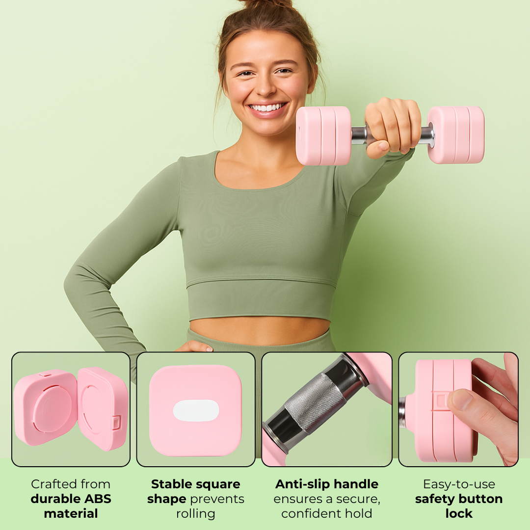 Woman holding a pink dumbbell with feature highlights on a light green background