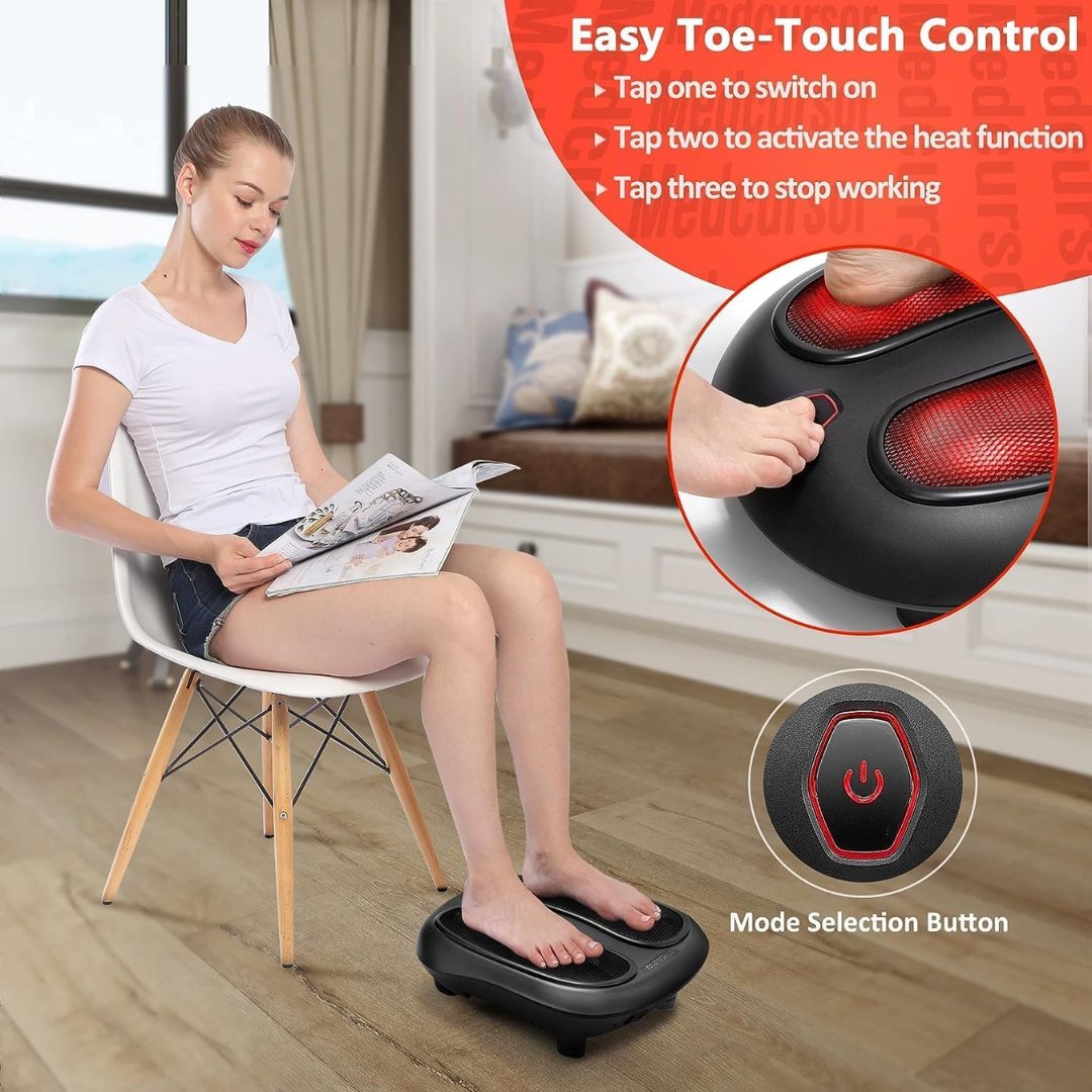 Woman using a foot massager with instructional text on control buttons.
