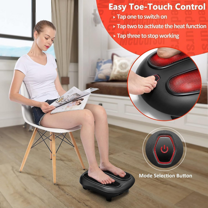 Woman using a foot massager with instructional text on control buttons.