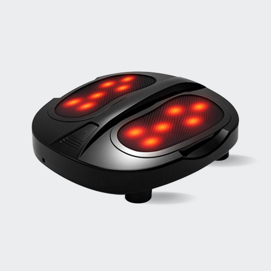 Black foot massager with red lights on a white background