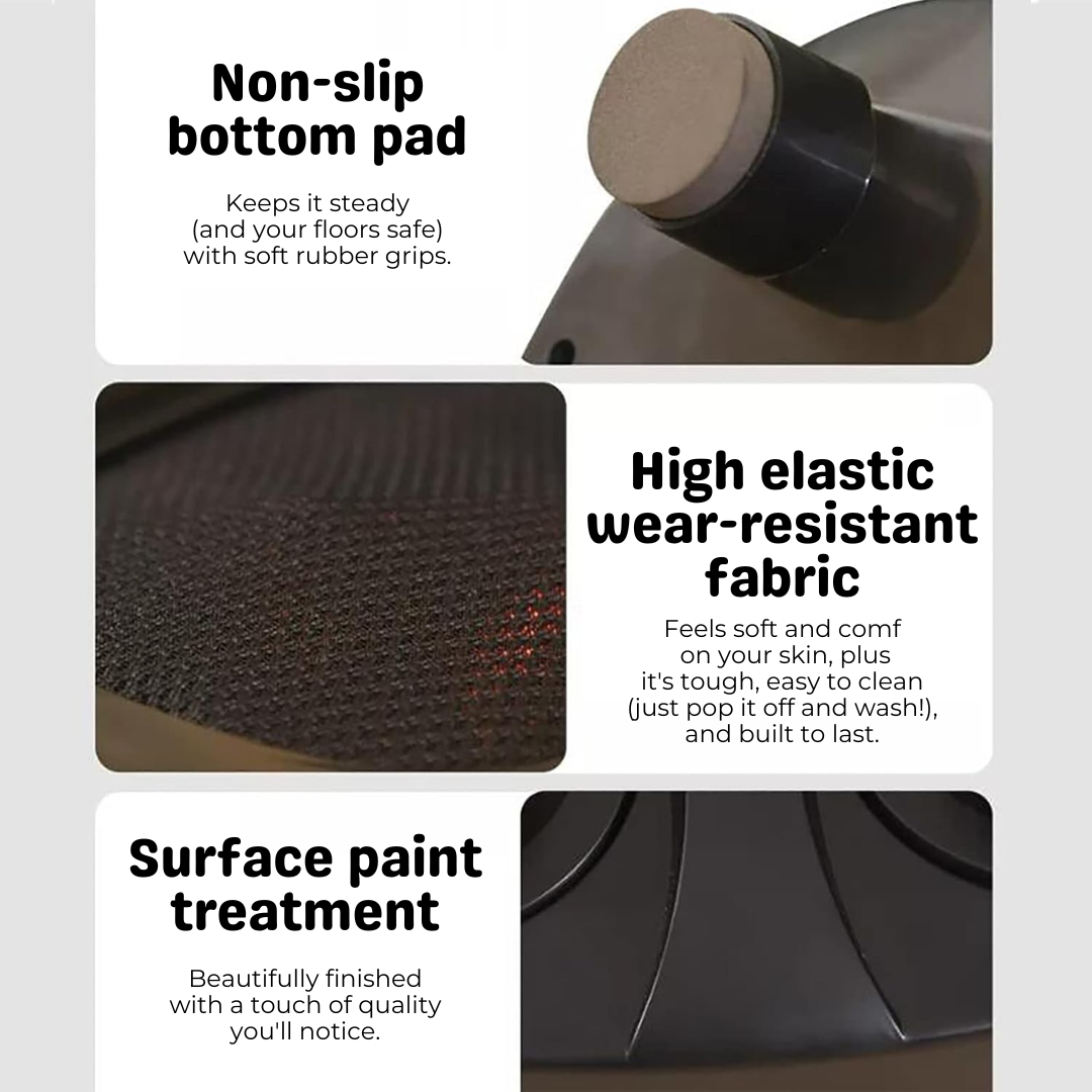 Product features including non-slip bottom pad, high-elastic wear-resistant fabric, and surface paint treatment.