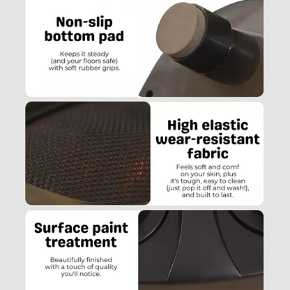 Product features including non-slip bottom pad, high-elastic wear-resistant fabric, and surface paint treatment.