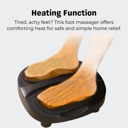 Foot massager with glowing feet on a white background, highlighting heating function.