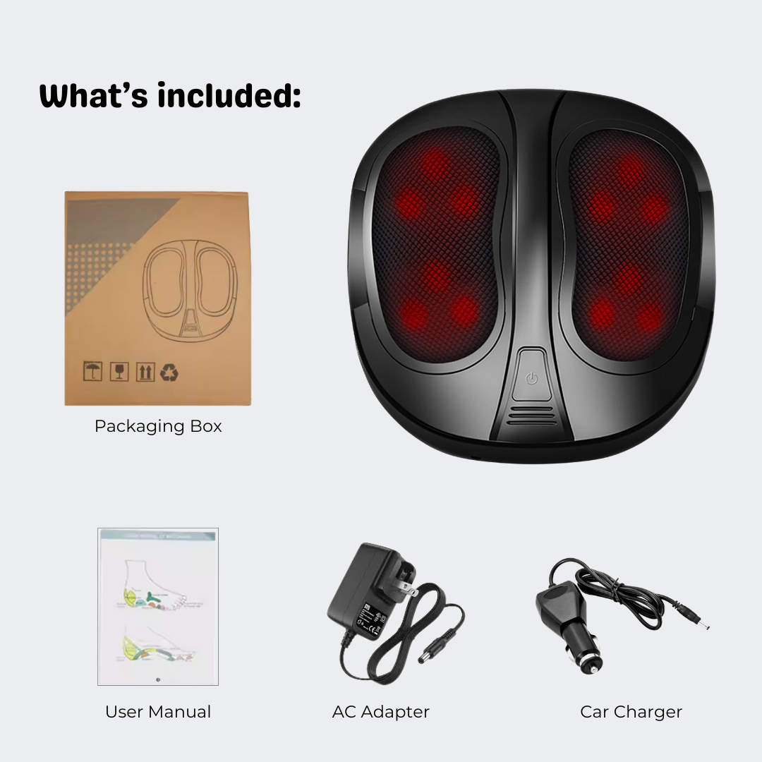 Massage device with packaging box, user manual, AC adapter, and car charger on a white background.