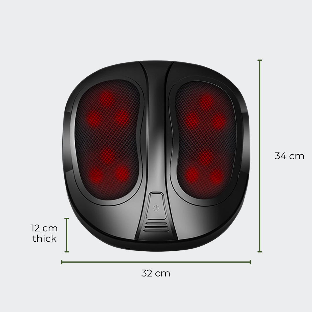 Black and red massager with dimensions on a light gray background