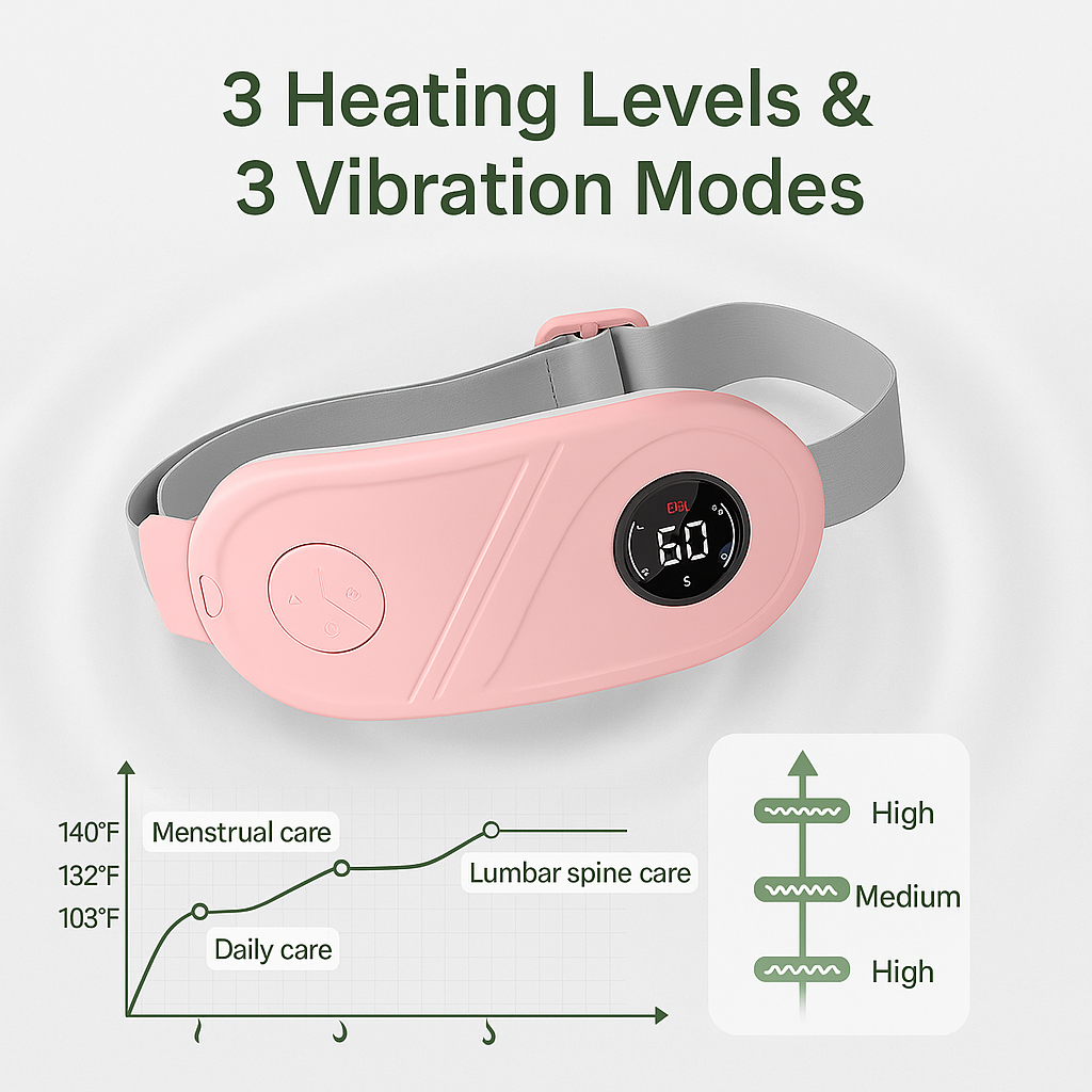 Pink and gray heated waist belt with digital display on a white background, featuring text about heating levels and vibration modes.