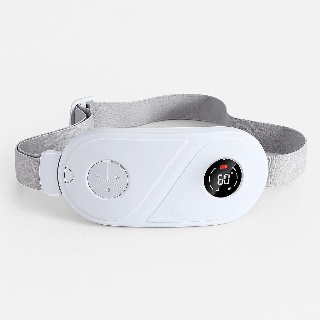 White heating waist belt with gray strap on a white background