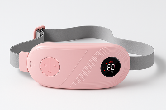 Pink and gray belt electronic heated waist belt with digital display on a white background