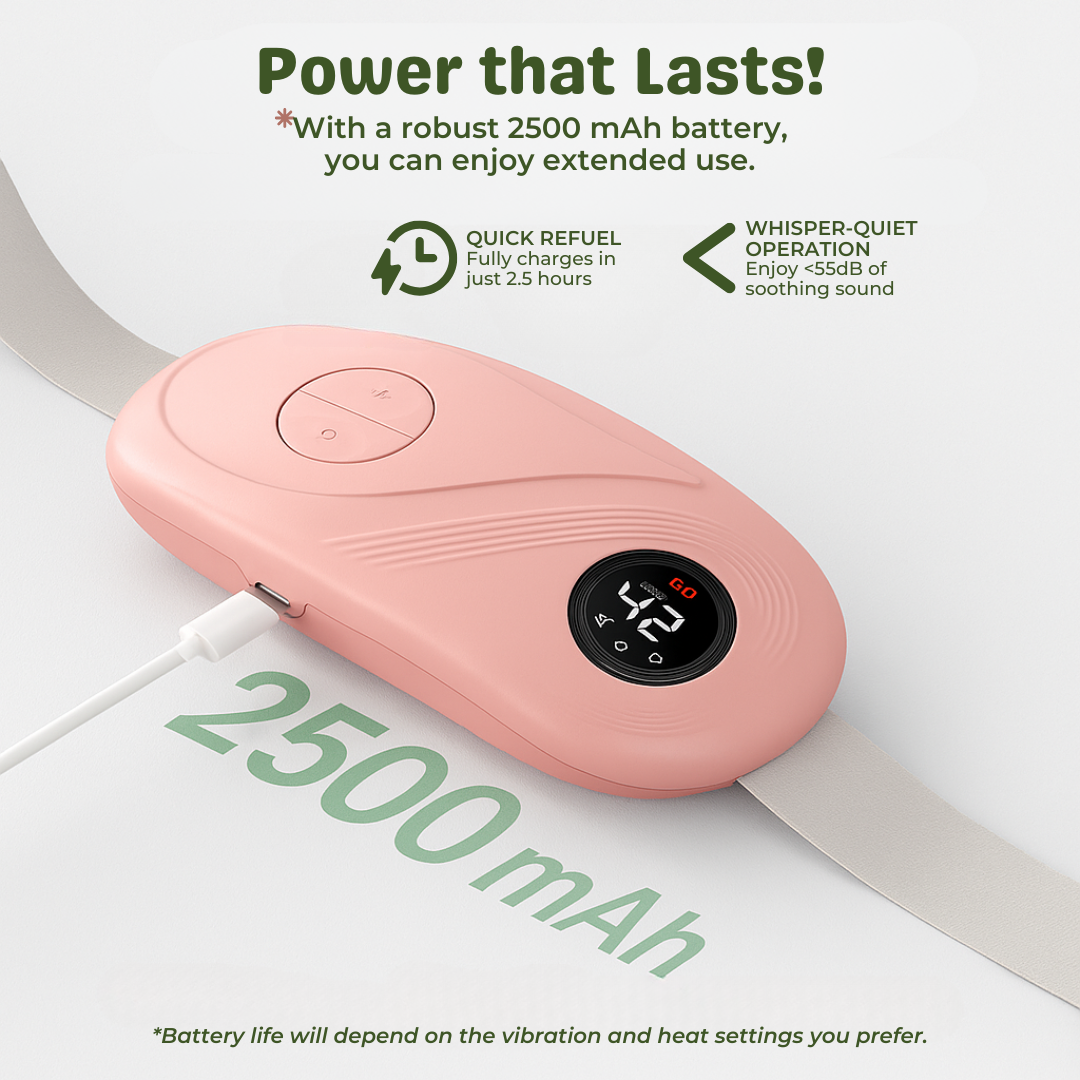 Pink heating waist belt with digital display on a white background, featuring text about battery capacity and features.
