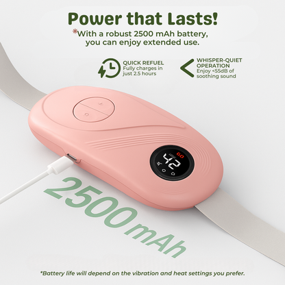Pink heating waist belt with digital display on a white background, featuring text about battery capacity and features.