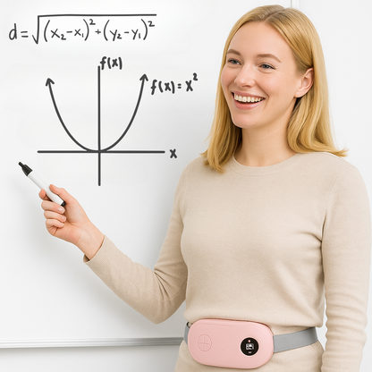 Woman with a pink heating waist belt in front of a whiteboard with mathematical equations.